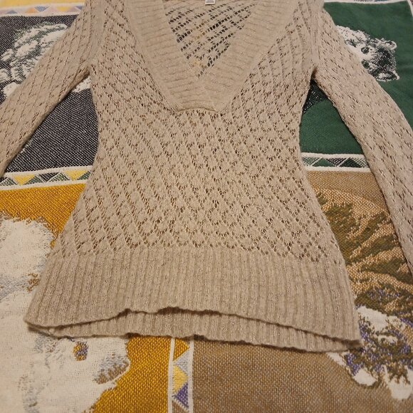 Ann Taylor Loft Women's Size Small Cream Gold Long Sleeve Deep V Neck Sweater - Picture 5 of 13